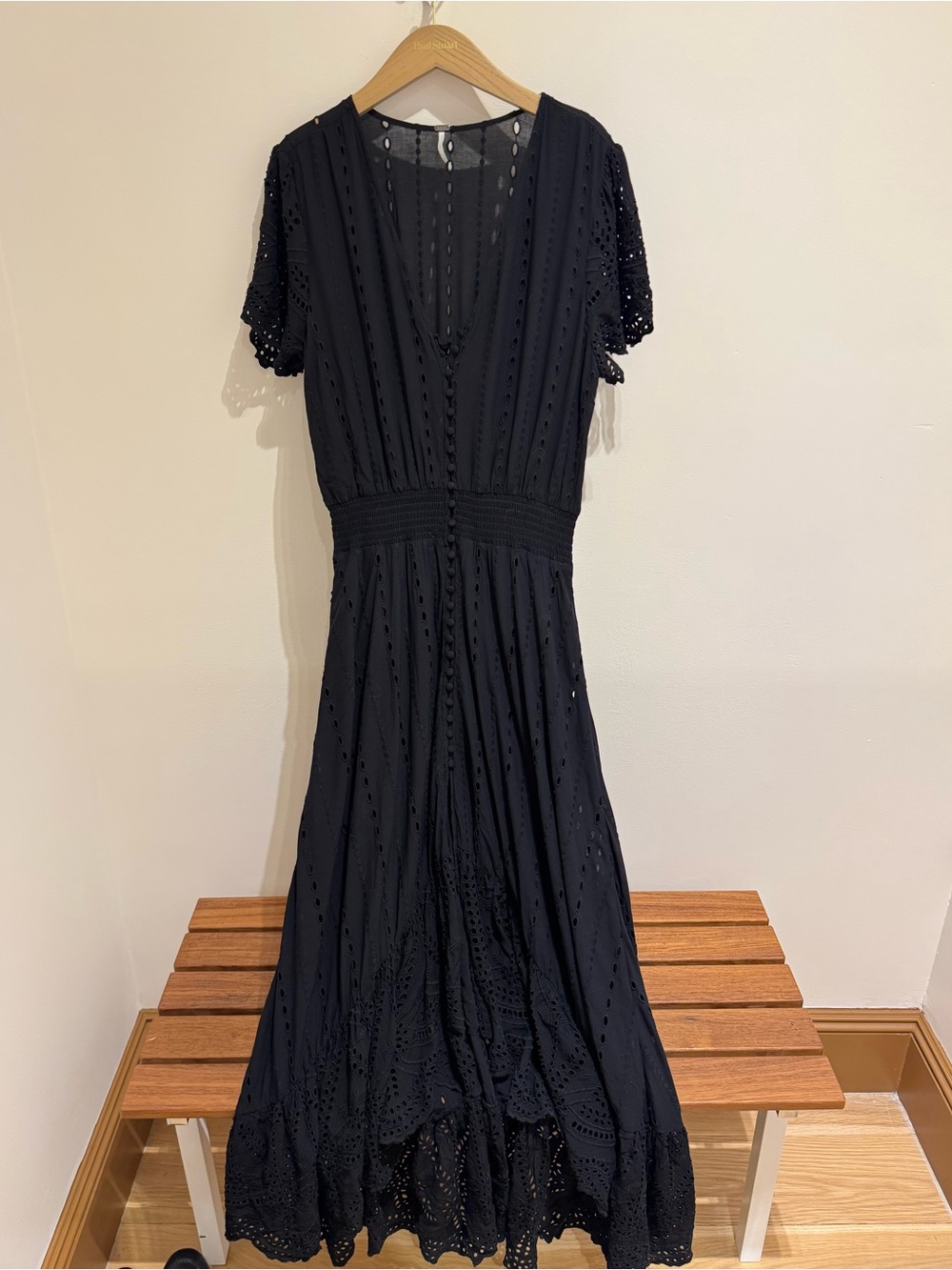 Black Eyelet Maxi Dress with V-Neck and Smocked Waist